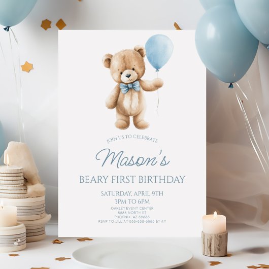 Invitation Teddy Bear Blue Beary First 1st Birthday Party