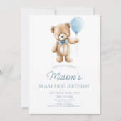 Invitation Teddy Bear Blue Beary First 1st Birthday Party (Devant)