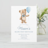 Invitation Teddy Bear Blue Beary First 1st Birthday Party (Debout devant)