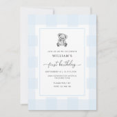 Invitation Teddy Bear Blue En vichy 1er anniversaire Invitati (Devant)
