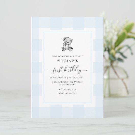 Invitation Teddy Bear Blue En vichy 1er anniversaire Invitati (Debout devant)