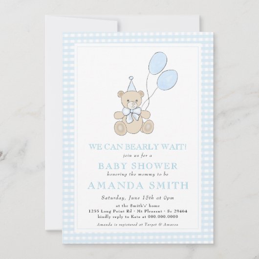 Invitation Teddy Bear Blue En vichy Baby shower garçon (Devant)
