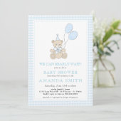 Invitation Teddy Bear Blue En vichy Baby shower garçon (Debout devant)