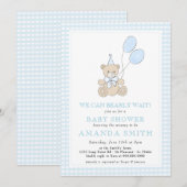 Invitation Teddy Bear Blue En vichy Baby shower garçon (Devant / Derrière)