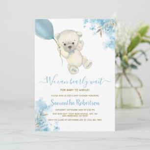 Invitation Teddy Bear Blue Floral Balloon Baby shower garçon