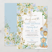 Invitation Teddy Bear Blue Floral Balloons Baby shower garçon (Devant / Derrière)