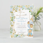 Invitation Teddy Bear Blue Floral Balloons Baby shower garçon (Debout devant)