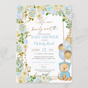 Invitation Teddy Bear Blue Floral Balloons Baby shower garçon