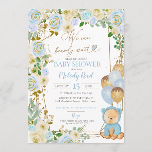 Invitation Teddy Bear Blue Floral Balloons Baby shower garçon (Devant)