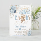 Invitation Teddy Bear Blue Floral Pampas Grass Baby shower (Debout devant)