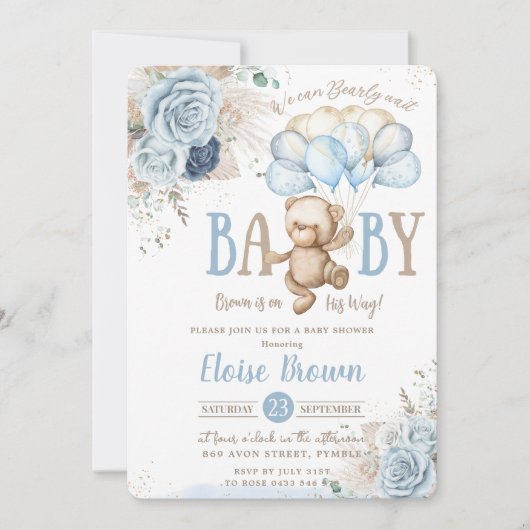 Invitation Teddy Bear Blue Floral Pampas Grass Baby shower (Devant)