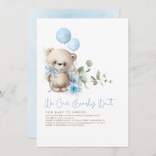 Invitation Teddy Bear Blue Flowers et Baby shower de verdure (Devant / Derrière)