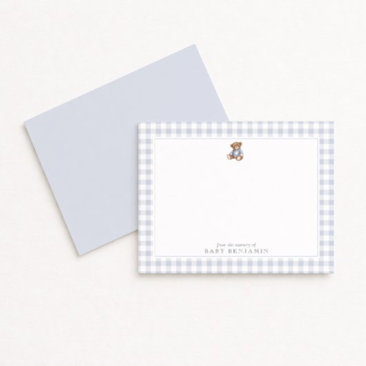 Invitation Teddy Bear Blue Gingham Preppy Nursery Note Card