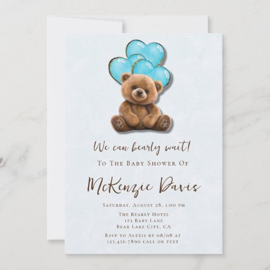 Invitation Teddy Bear Blue Gold Balloon Baby shower garçon (Devant)