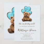Invitation Teddy Bear Blue Gold Balloon Baby shower garçon (Devant / Derrière)