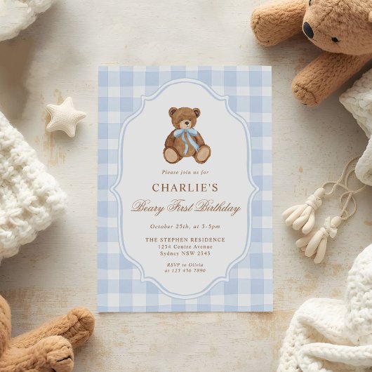 Invitation Teddy Bear Blue Minimalist Boy Birthday