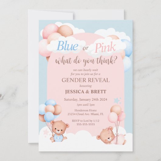 Invitation Teddy Bear Blue ou rose Genre Révélation (Devant)
