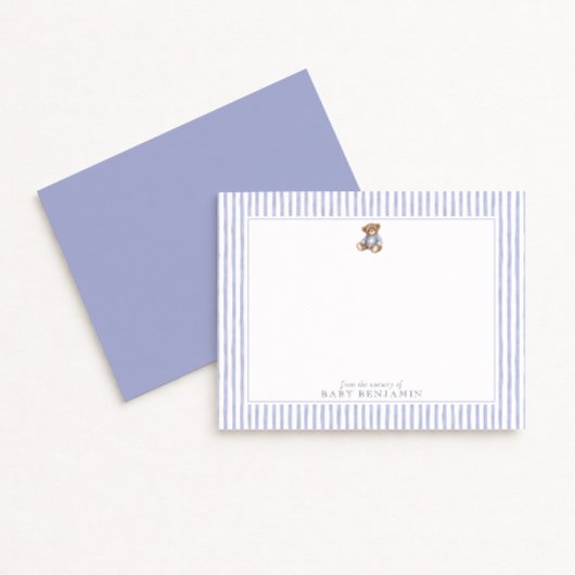 Invitation Teddy Bear Blue Stripe Preppy Nursery Note Card