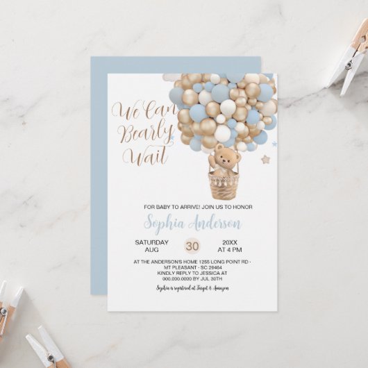 Invitation Teddy Bear Blue Tan Balloons Baby shower garçon (Devant/Arrière en situation)