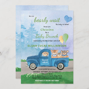 Invitation Teddy Bear Blue Truck Balloons Forest Baby shower
