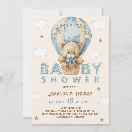 Invitation Teddy Bear Blue Vintage Baby shower garçon (Devant)