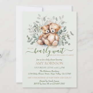 Invitation Teddy Bear Boho Twin Genre Baby shower neutre