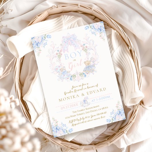 Invitation Teddy Bear Bow Floral Boy ou Girl Genre Reveillez