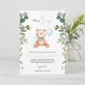 Invitation Teddy Bear Boy Baby shower verdoyant (Debout devant)