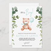 Invitation Teddy Bear Boy Baby shower verdoyant (Devant / Derrière)