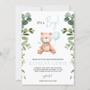 Invitation Teddy Bear Boy Baby shower verdoyant