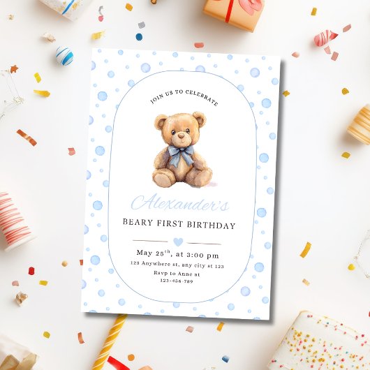 Invitation Teddy Bear Boy Birthday Invite, Boys 1st Birthday