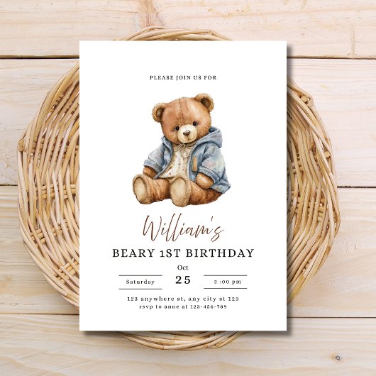 Invitation Teddy Bear Boy Birthday Party Beary 1st Birthday