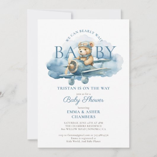 Invitation Teddy Bear Boy Blue Bearly Wait Baby shower (Devant)