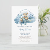 Invitation Teddy Bear Boy Blue Bearly Wait Baby shower (Debout devant)