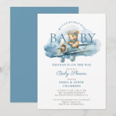 Invitation Teddy Bear Boy Blue Bearly Wait Baby shower (Devant / Derrière)