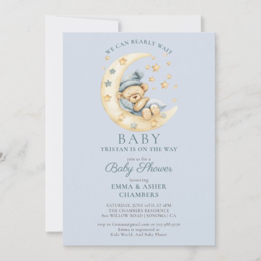 Invitation Teddy Bear Boy Blue Bearly Wait Baby shower (Devant)