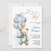 Invitation Teddy Bear Boy Blue Plaid Baby shower Invitatiatia (Devant)