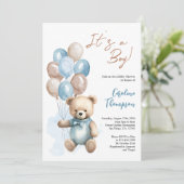 Invitation Teddy Bear Boy Blue Plaid Baby shower Invitatiatia (Debout devant)