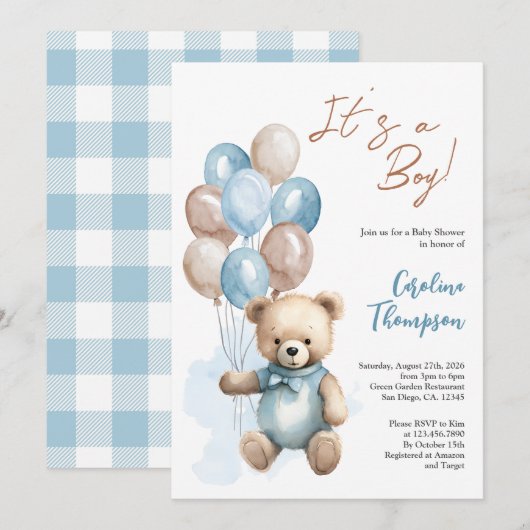 Invitation Teddy Bear Boy Blue Plaid Baby shower Invitatiatia (Devant / Derrière)