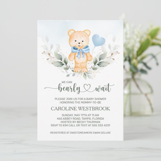 Invitation Teddy Bear Boy Green Baby shower de feuillage (Debout devant)