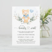 Invitation Teddy Bear Boy Green Foliage Baby shower Invit (Debout devant)