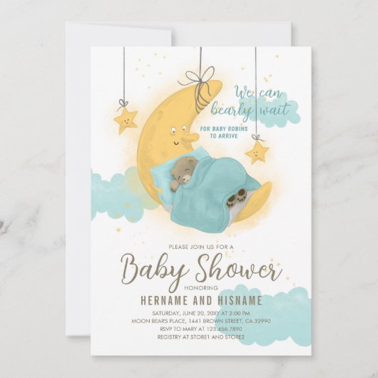 Invitation Teddy Bear Boy Moon Stars Baby shower bleu (Devant)