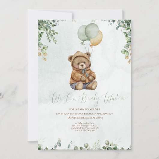 Invitation Teddy Bear Brown Sage Green Balloons Baby (Devant)