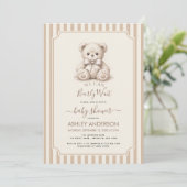 Invitation Teddy Bear & Brown Stripes Baby Shower Bearly Wait (Debout devant)