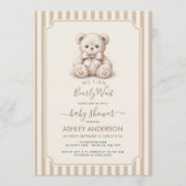 Invitation Teddy Bear & Brown Stripes Baby Shower Bearly Wait (Devant)