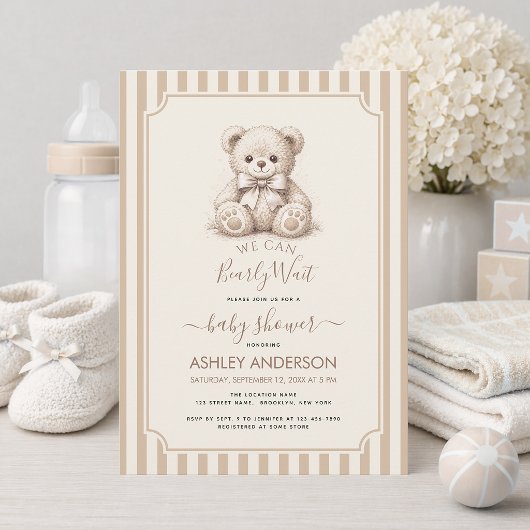 Invitation Teddy Bear & Brown Stripes Baby Shower Bearly Wait