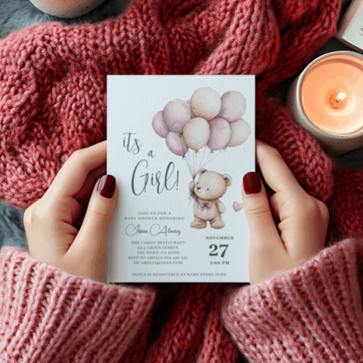 Invitation Teddy Bear C'est une fille Ballons beige violet vi