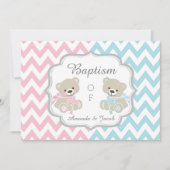 Invitation Teddy Bear Chevron Cross Twins Boy Girl Baptism (Devant)