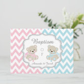 Invitation Teddy Bear Chevron Cross Twins Boy Girl Baptism (Debout devant)