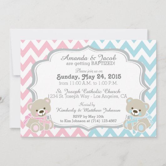 Invitation Teddy Bear Chevron Cross Twins Boy Girl Baptism (Dos)